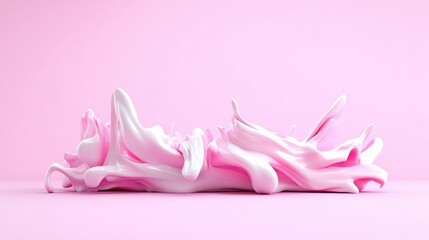 A pink and white liquid splash dominates the image. Its a dynamic, abstract form against a solid pink background. The lighting is even and soft, enhancing the smooth texture. The style is minimalist