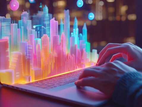 Architectural design with digital interface hologram city on laptop screen
