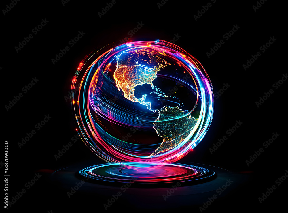 Poster a glowing globe with continents encircled by vibrant light trails on a dark backdrop. global network