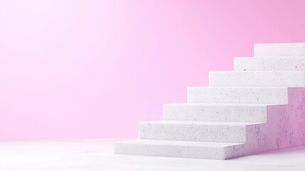 A white staircase ascends against a pale pink wall. The stairs are simple and clean. The image is digitally rendered, high quality, and features soft lighting. Its minimalist style creates a calm moo