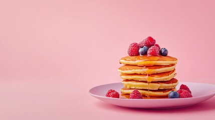 A stack of fluffy pancakes with maple syrup and fresh berries. Featuring sweetness and indulgence