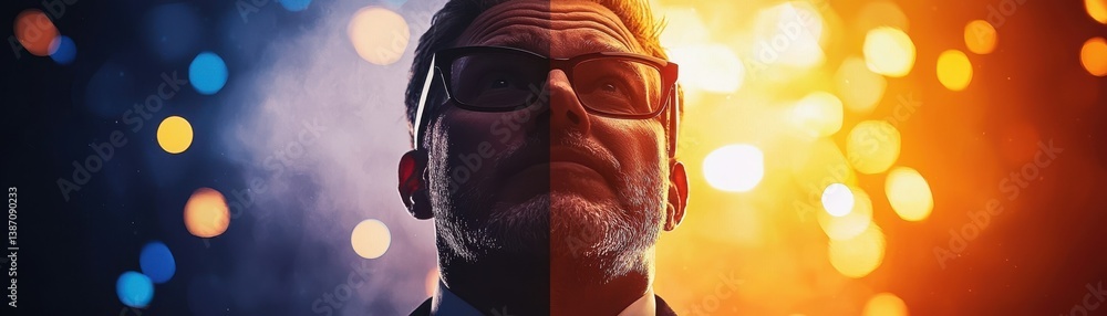 Poster stress data work complex man concept. portrait with contrasting colors and bokeh background effects.