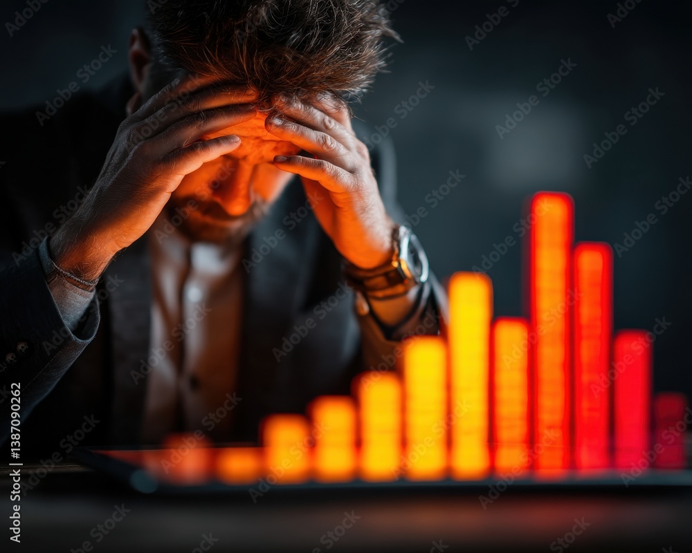 Poster stress data work complex man concept. frustrated man analyzing financial data on a dark background.