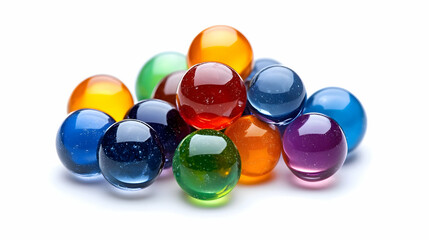 Bright Glass Marbles Clustered on a White Background with Shadows Reflecting Color and Light