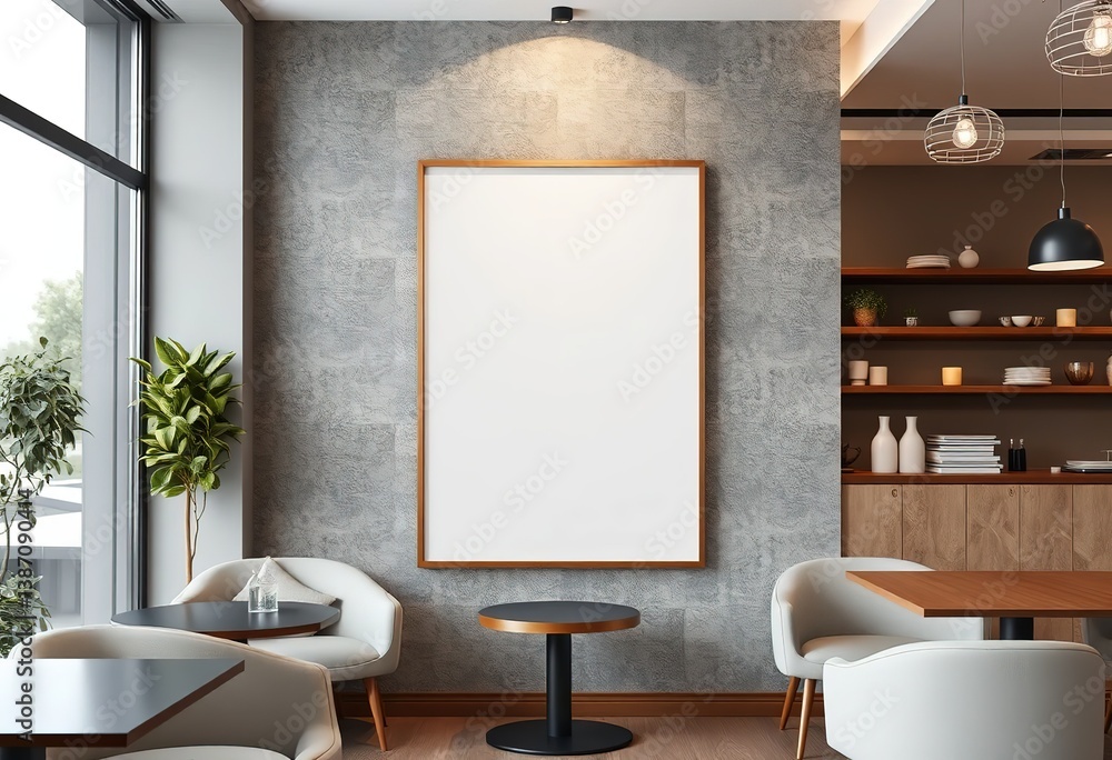 Poster blank poster mockup on modern textured wall in stylish cafe interior, empty frame for add or menu , 