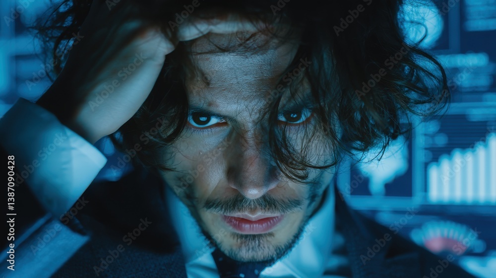 Poster stress data work complex man concept. intense man analyzing data on a screen in dim lighting.