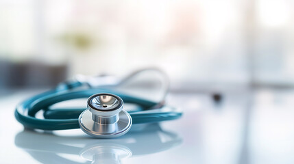 Stethoscope on a glossy white surface. Professionalism, cleanliness, and care-common visual themes in healthcare and medical services..