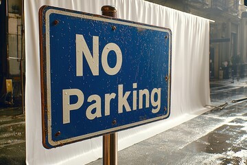Wet no parking sign on city street with reflective puddle and white backdrop