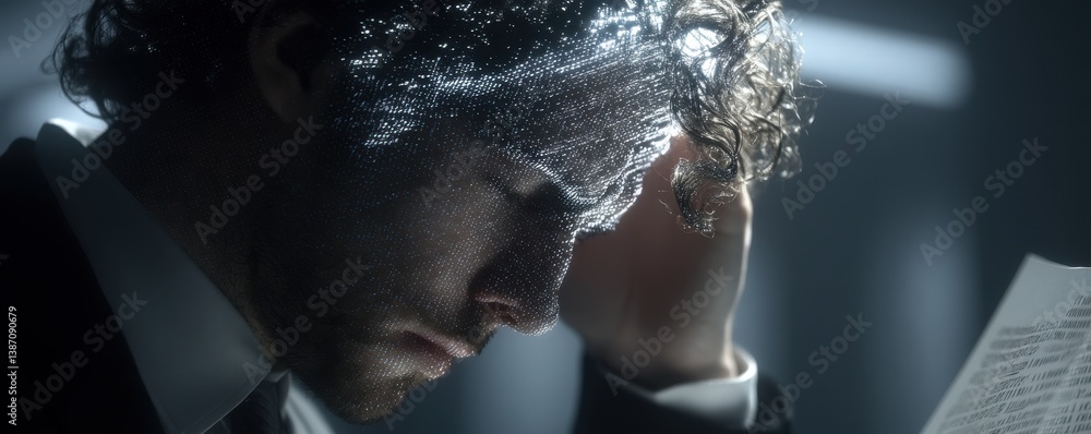 Poster stress data work complex man concept. person in deep thought with textured hair and focused expressi