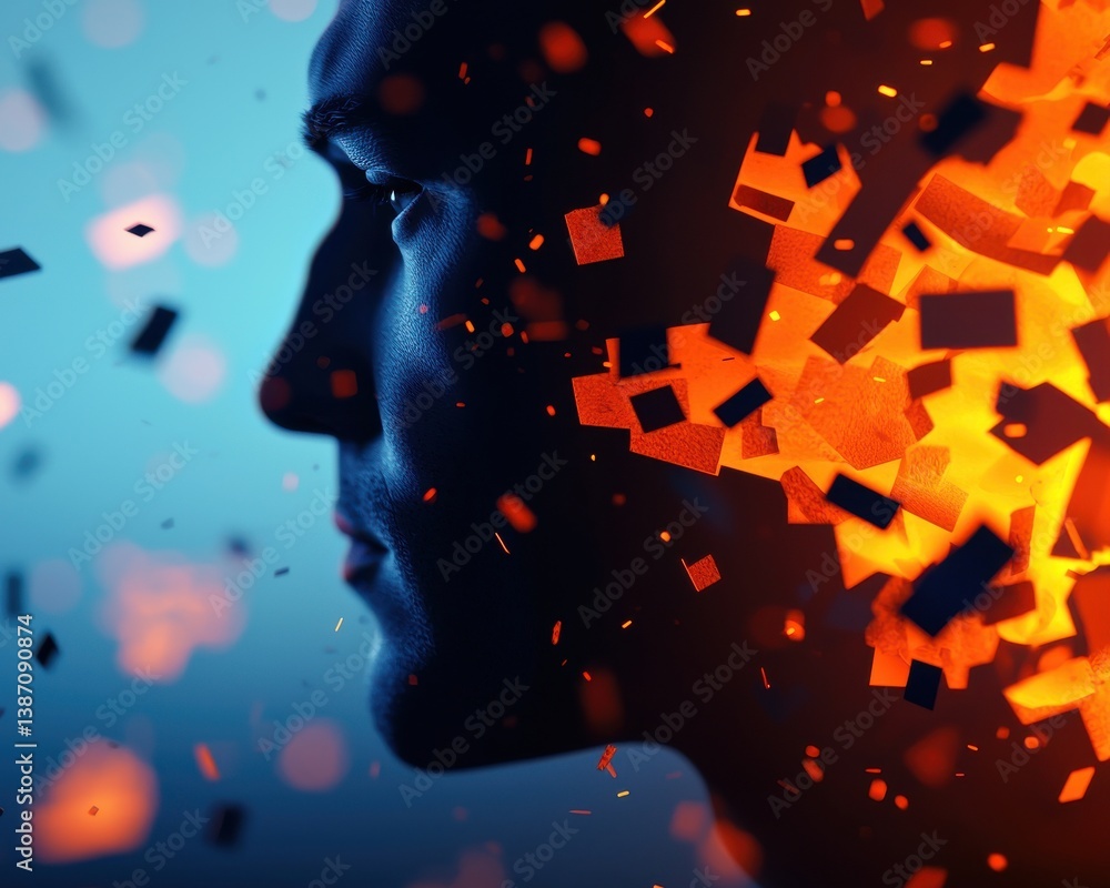 Poster stress data work complex man concept. abstract silhouette with fragmented colors depicting transform