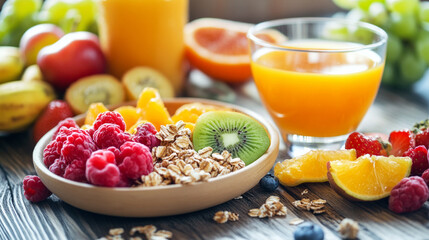 A healthy breakfast with fresh fruits and organic juice.