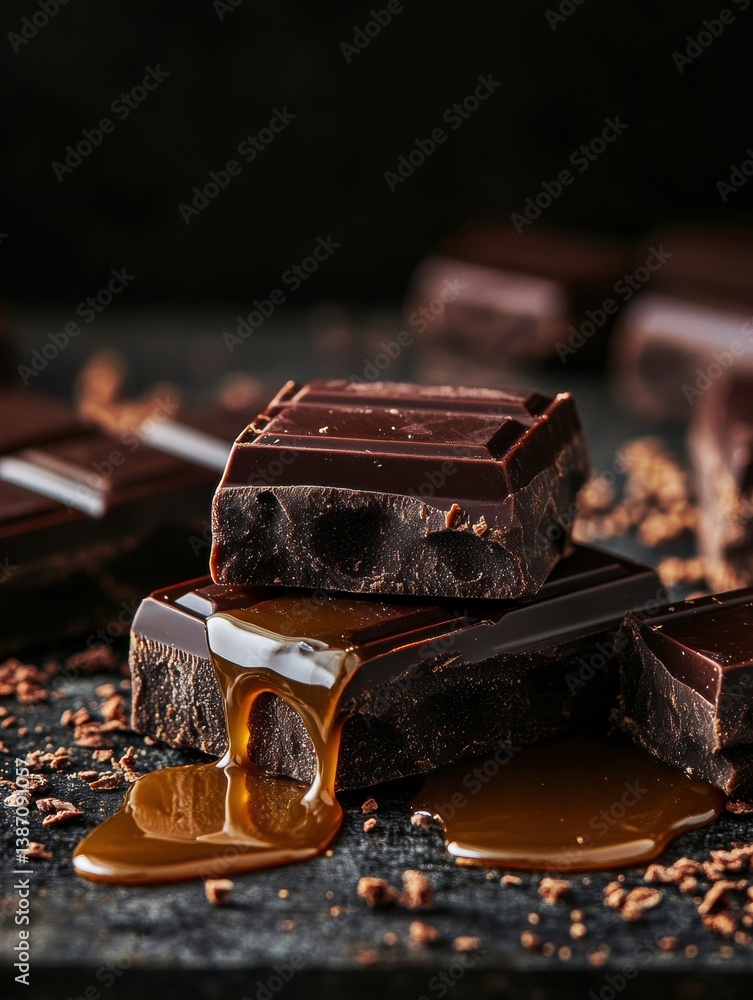 Poster indulging in rich dark chocolate squares with caramel drips and glossy textures basking in soft gold