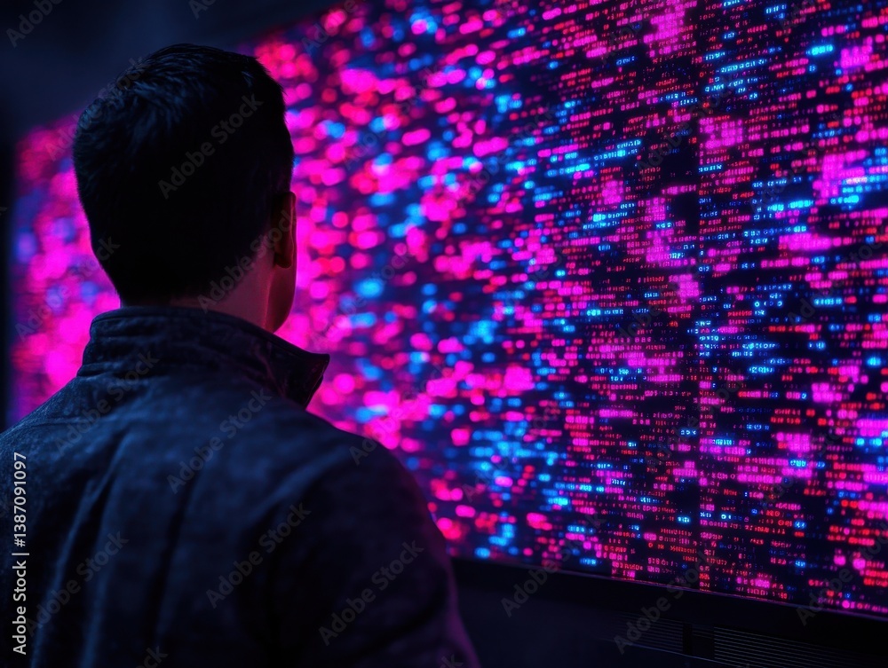 Poster stress data work complex man concept. person analyzing colorful digital data on a screen.