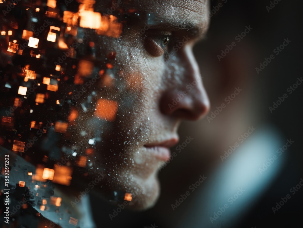Poster stress data work complex man concept. portrait blending human features with abstract digital element