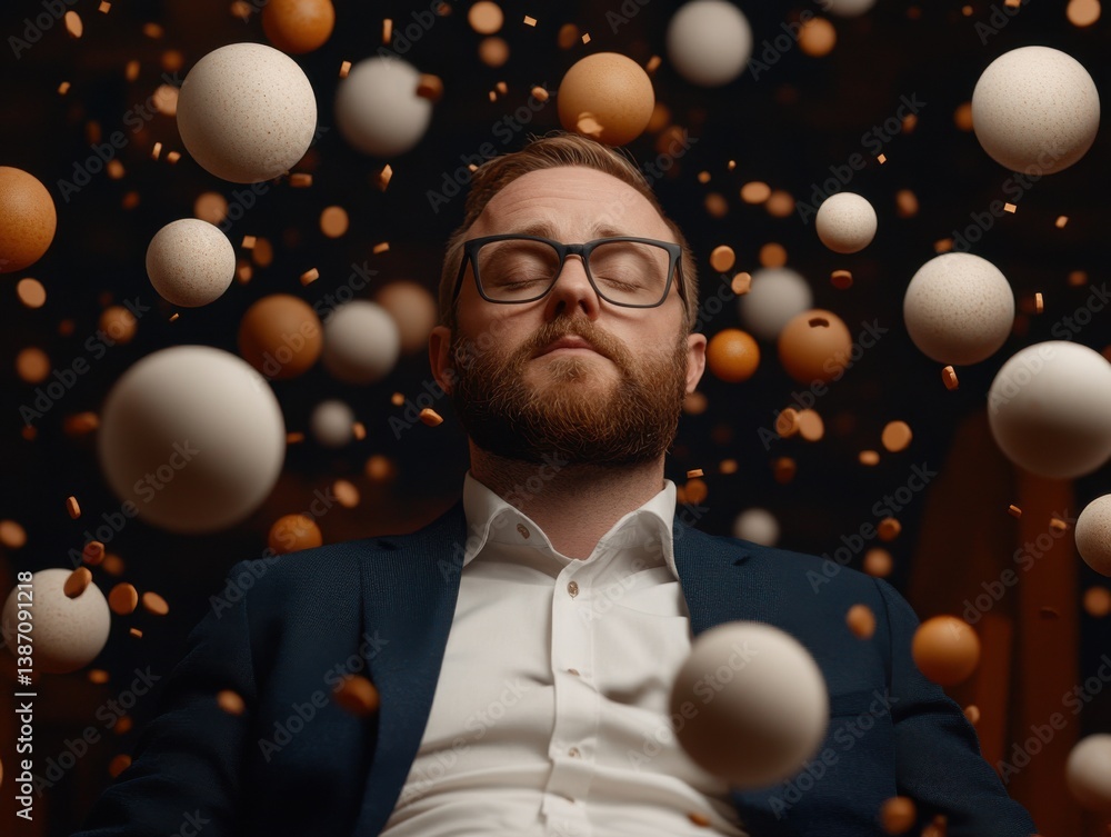 Poster stress data work complex man concept. a man surrounded by floating spheres in a contemplative pose.