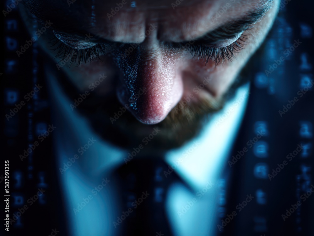 Poster stress data work complex man concept. man in suit pondering with digital data overlay, creating a te