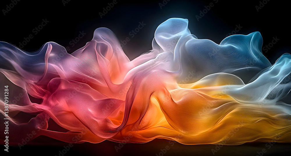 Poster abstract flowing waves of colorful smoke-like fabric are illuminated by a bright light source, creat