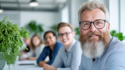 Fototapeta premium A bearded man smiling at camera in modern office setting, surrounded by colleagues in background, and bright and professional atmosphere.