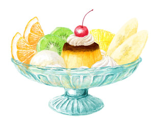 プリンアラモードの水彩イラスト(キウイ・オレンジなど)