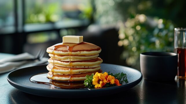 A stack of fluffy pancakes with syrup and butter. Featuring indulgence and comfort
