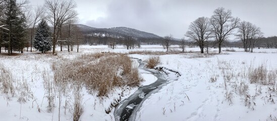 Winter Creek Winding Through Snowy Field