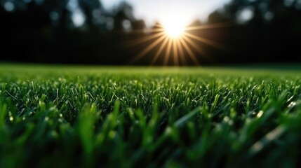 Naklejka premium Lush green grass field at sunset