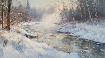 Winter Stream in Snowy Forest Landscape