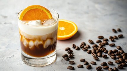 Iced coffee cocktail in crystal glass with slices of orange and coffee beans on a white marble surface