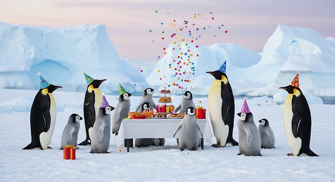Penguin Birthday Party in Antarctica: Festive Celebration on the Ice AI Generated