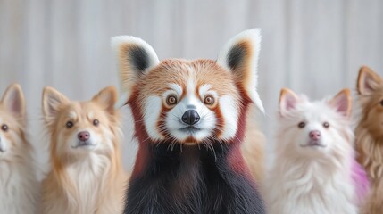 Obraz premium Red panda with dogs. A red panda in the center of a group of small dogs. The red panda is in sharp focus while the dogs are softly focused. Cute and adorable