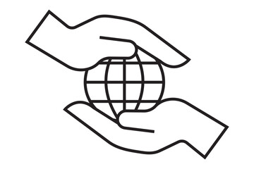 World ecology icon with hands holding the globe illustration in bold black design on white background with copy space . 