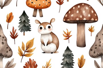 Cute woodland creatures and mushrooms in a whimsical pattern design