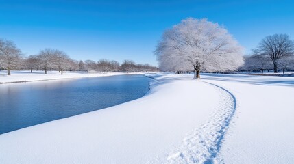 Obraz premium Snowy Riverbank Frosty Tree Winter Scene High Definition Landscape Wide Shot Footprints Peaceful Serenity Cold Blue Tones Ideal for Calendar Designs