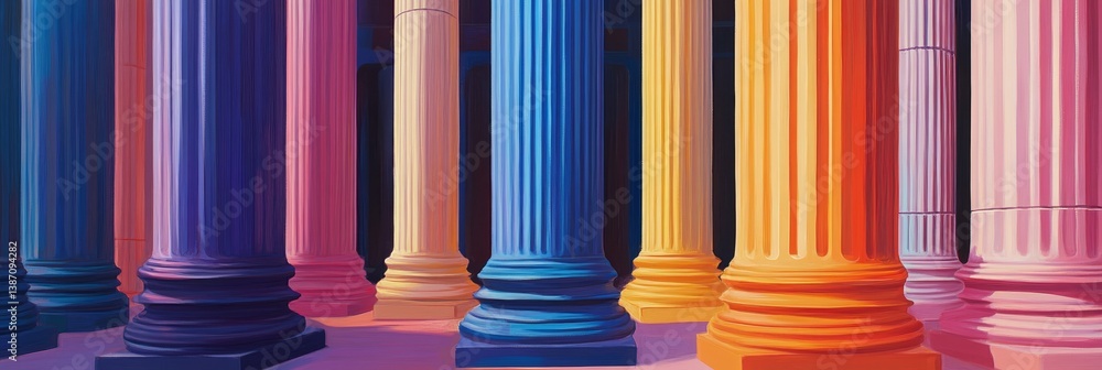 Poster colorful columns stand in a row casting reflections on the