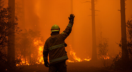 Heroic Firefighter Gesturing Against Intense Forest Fire Background