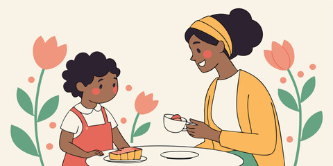 Happy Mother and Child Enjoying Tea and Cake Together - Vector Illustration