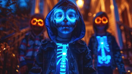 Halloween kids in glowing costumes on porch at night