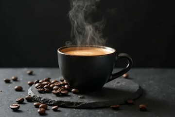 Fototapeta premium A steaming cup of espresso in a matte black ceramic cup. 