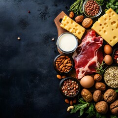 Nutritious Keto-friendly food selection featuring meat, milk, cheese, legumes, eggs, nuts, and seeds, promoting a balanced low-carb high-protein diet rich in essential nutrients

