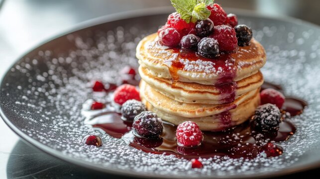 A stack of pancakes topped with maple syrup and berries. Featuring sweetness and indulgence