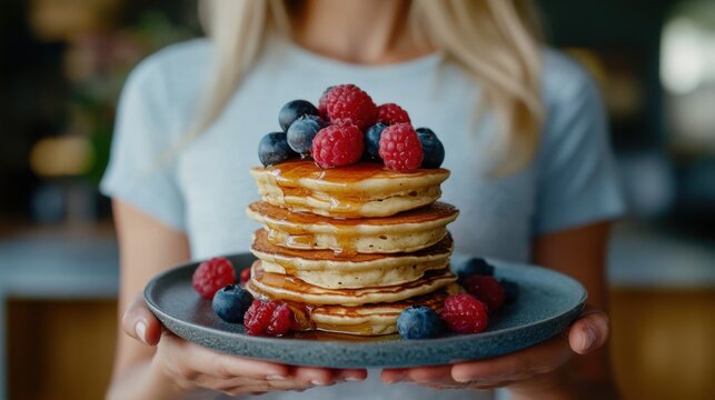 A stack of pancakes topped with maple syrup and berries. Featuring sweetness and indulgence