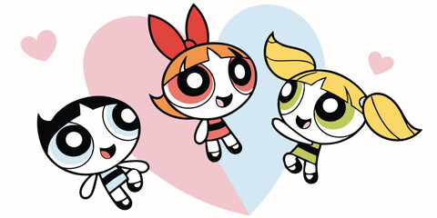 Colorful Vector Art of Cute Cartoon Girls with Hearts - Vector Design