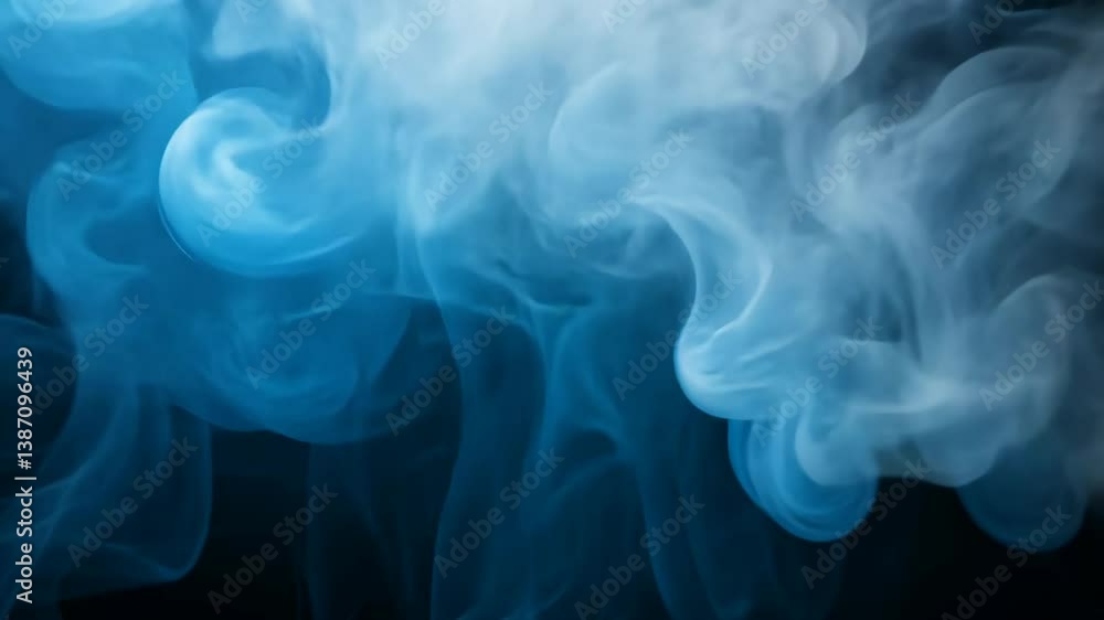 Poster abstract flowing ethereal blue and white smoke on black background with smooth curves and swirls, cr