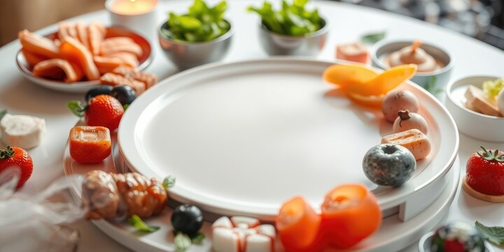 A delectable arrangement of assorted sweet treats and fresh fruit on a pristine white plate, ready for a sophisticated culinary experience