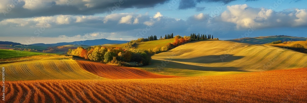 Poster rolling hills with golden fields and trees under a cloudy