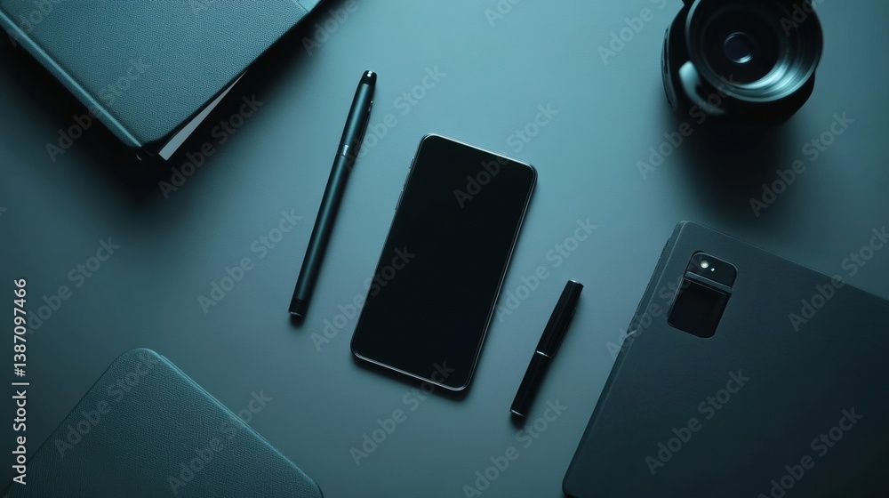 Aufkleber minimalist desk setup featuring notebook, smartphone, and pen with soft lighting for a serene worksp