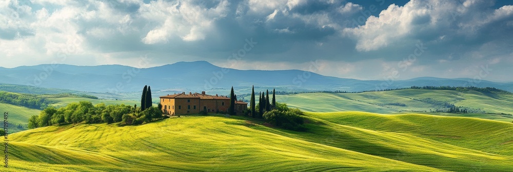 Poster building on a hill in a green field with cloudy