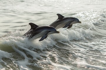 Obraz premium Two dolphins leap from the ocean waves into the bright sunlight