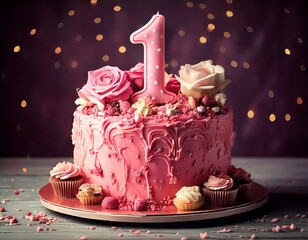 Pink Rose Swirl First Birthday Cake with Number One Candle and Cupcakes &ndash; Girl&rsquo;s Elegant Party Dessert