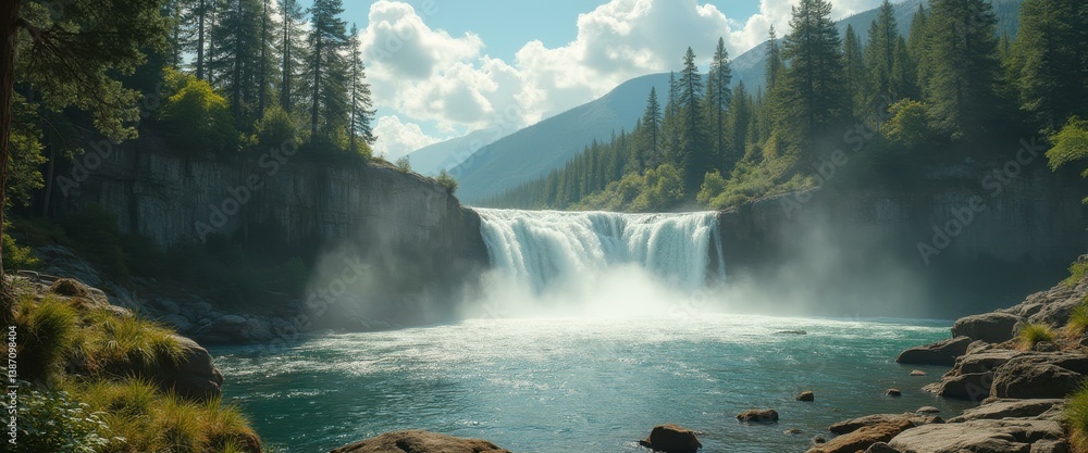 Poster breathtaking waterfall plunges between cliff edges into a pool surrounded by lush forests under a bl